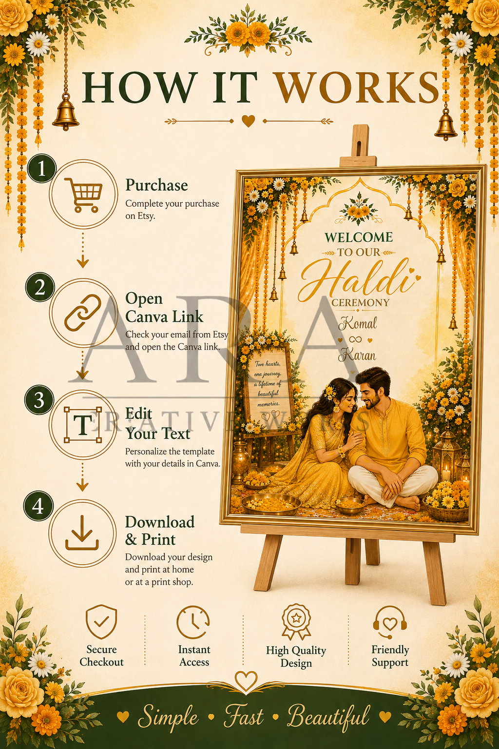 Marigold Couple Haldi Ceremony Welcome Sign | Indian Haldi Welcome Board | Editable Canva Template | Mehndi Wedding Decor | Digital Download