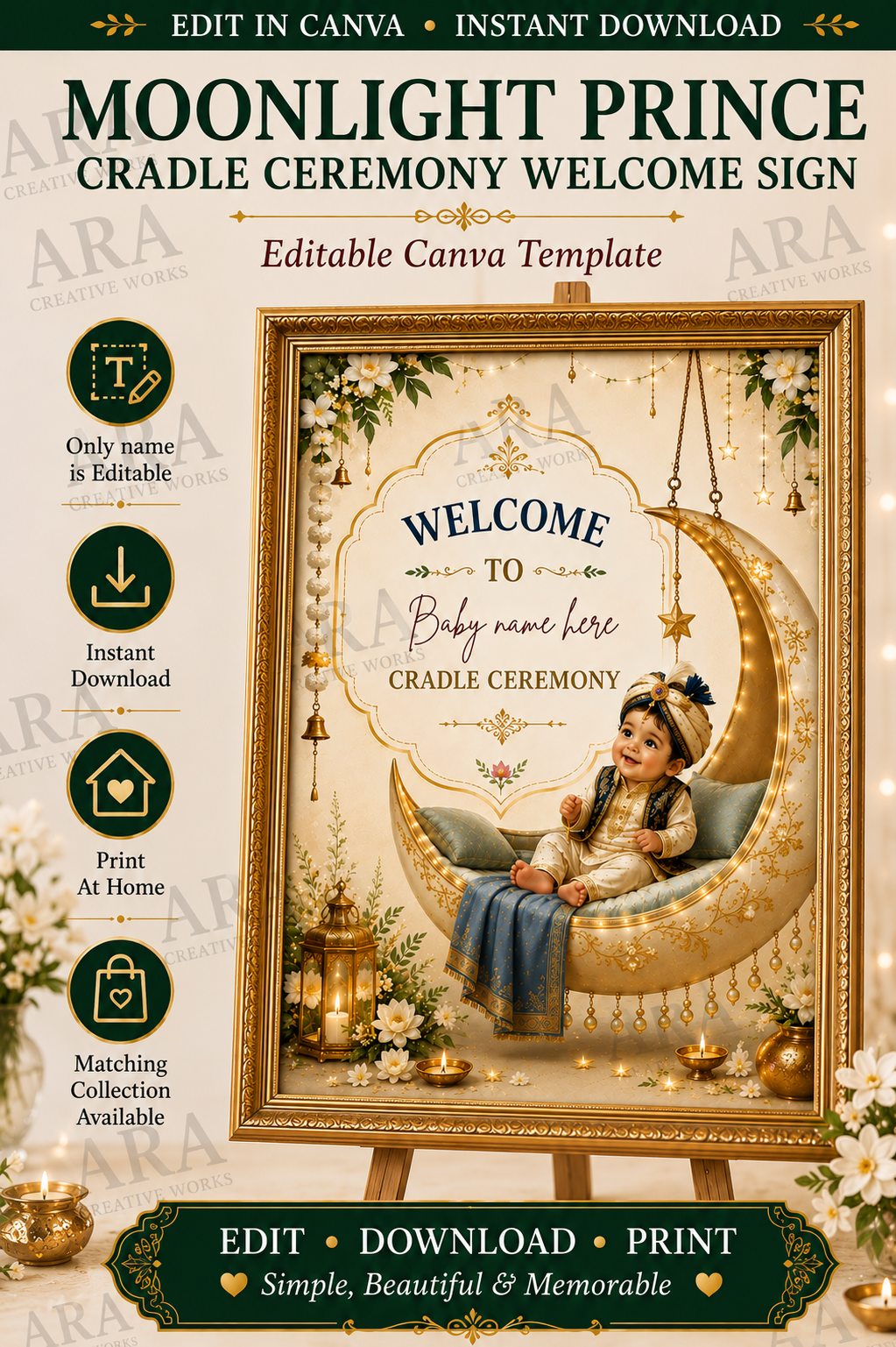 Moonlight Prince Cradle Ceremony Welcome Sign, Baby Boy Naming Ceremony Welcome Board, Indian Canva Template, Digital Download