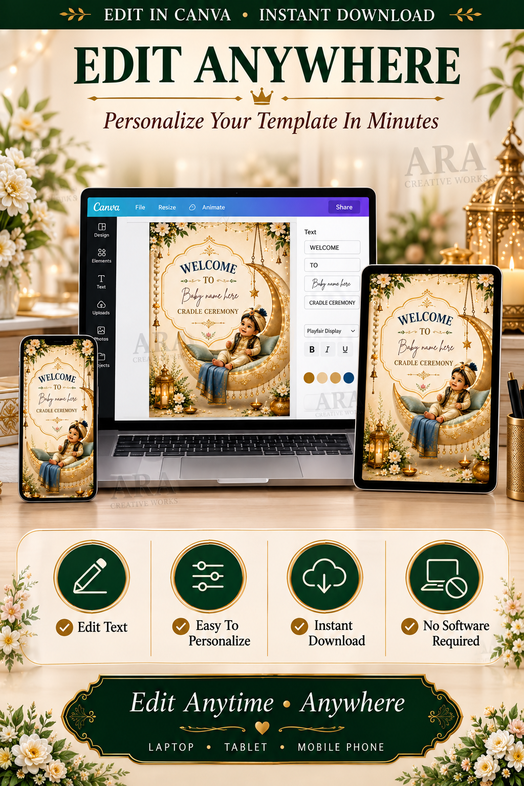 Moonlight Prince Cradle Ceremony Welcome Sign, Baby Boy Naming Ceremony Welcome Board, Indian Canva Template, Digital Download
