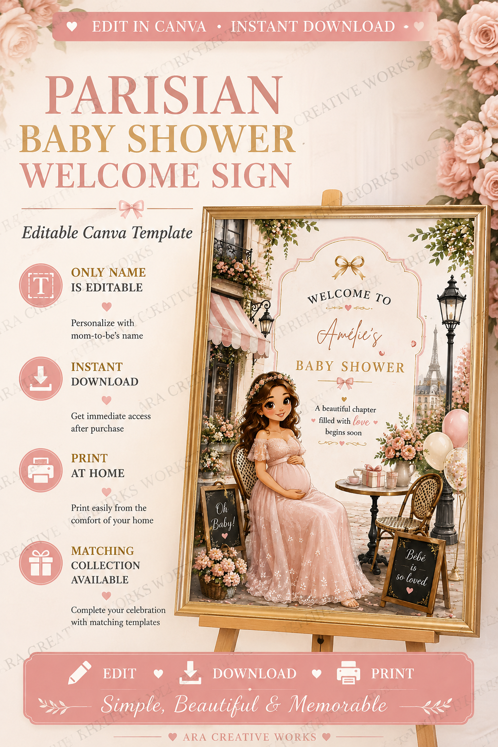 Parisian Baby Shower Welcome Sign, Editable Canva Template, Paris Baby Shower Sign, French Baby Shower Decor, Instant Download, 5x7