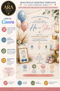 Pastel Boho Gender Reveal Invitation | Editable Canva Template | He or She Invite | Baby Shower Digital Download