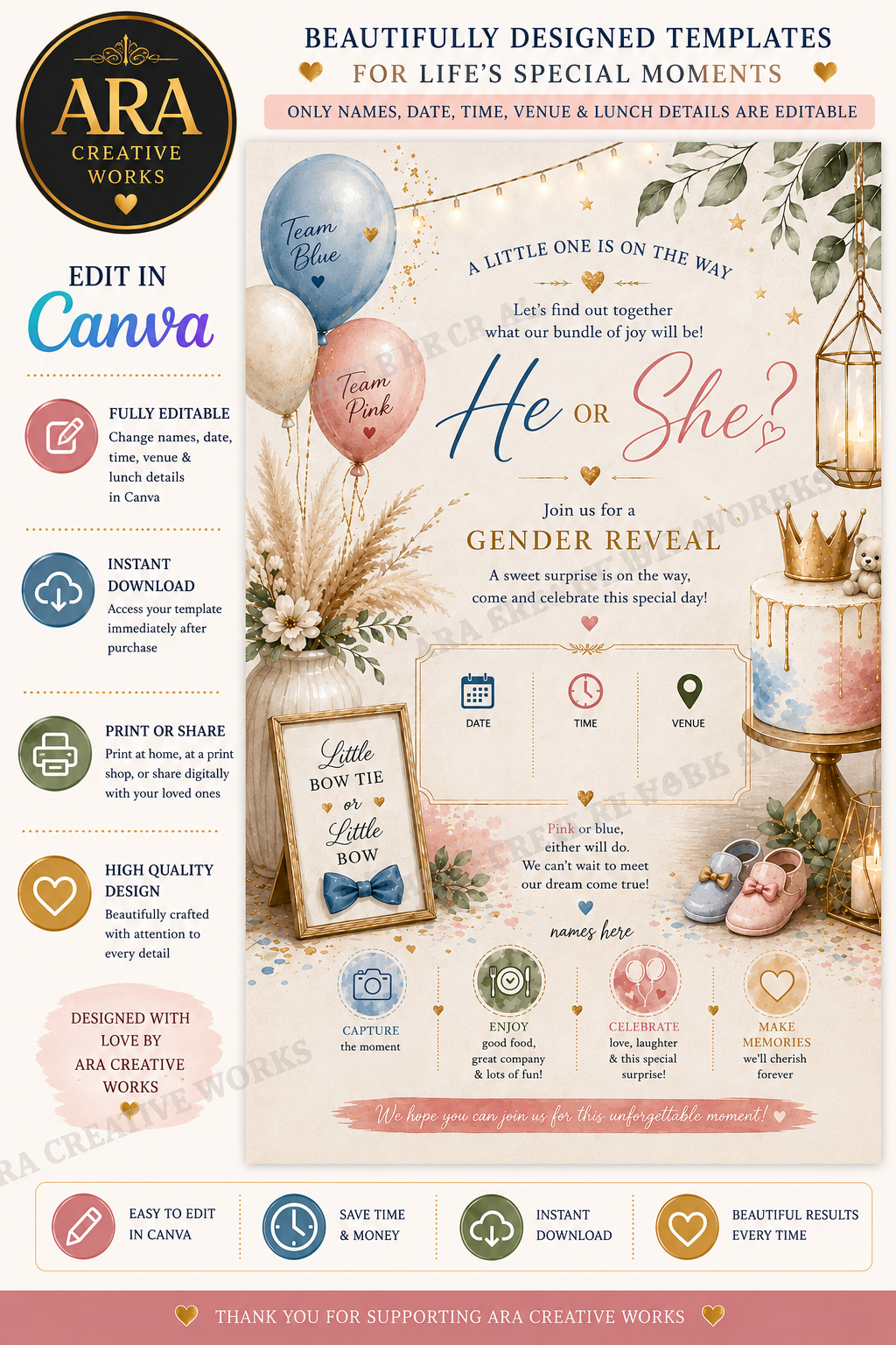 Pastel Boho Gender Reveal Invitation | Editable Canva Template | He or She Invite | Baby Shower Digital Download