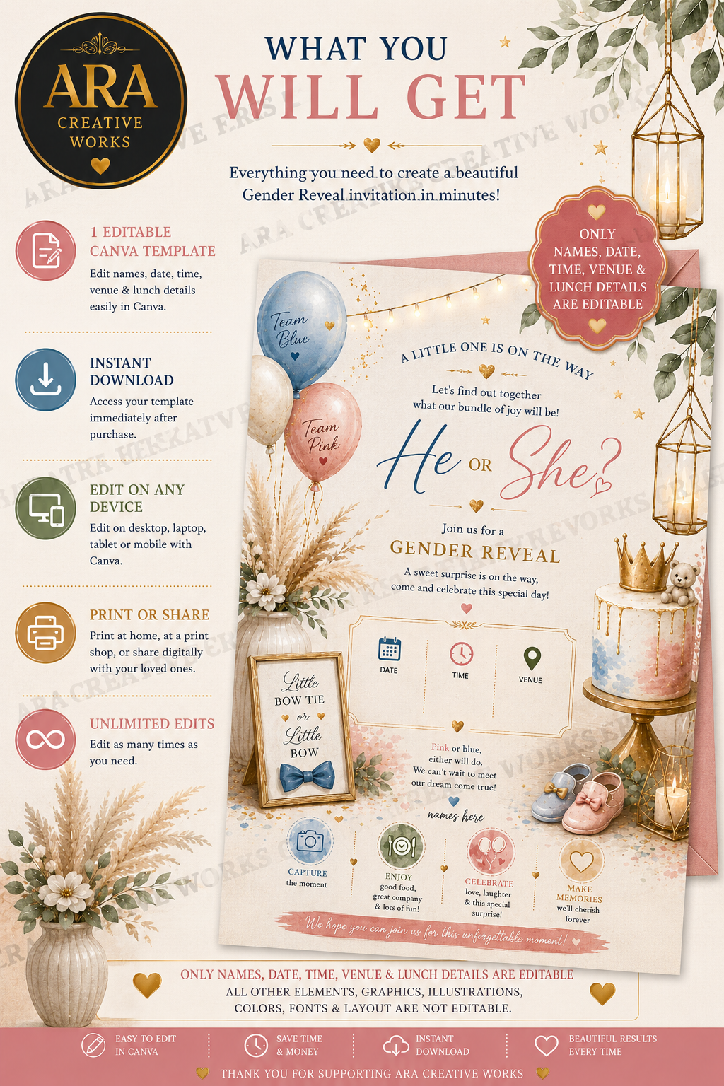 Pastel Boho Gender Reveal Invitation | Editable Canva Template | He or She Invite | Baby Shower Digital Download