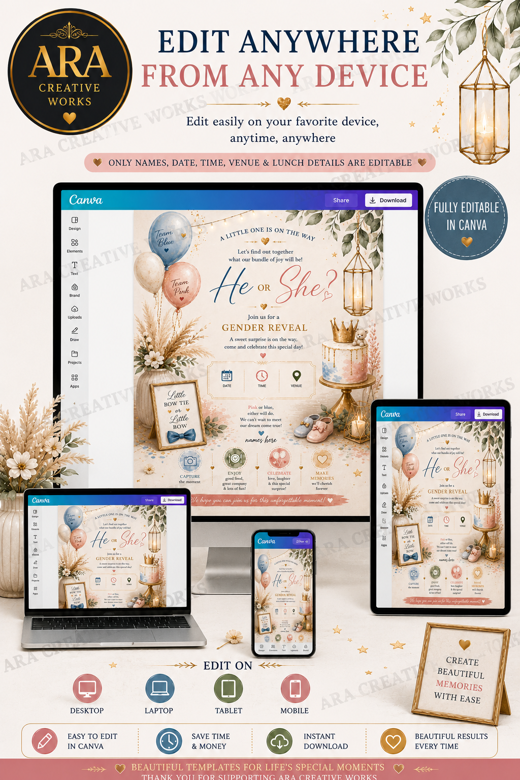 Pastel Boho Gender Reveal Invitation | Editable Canva Template | He or She Invite | Baby Shower Digital Download