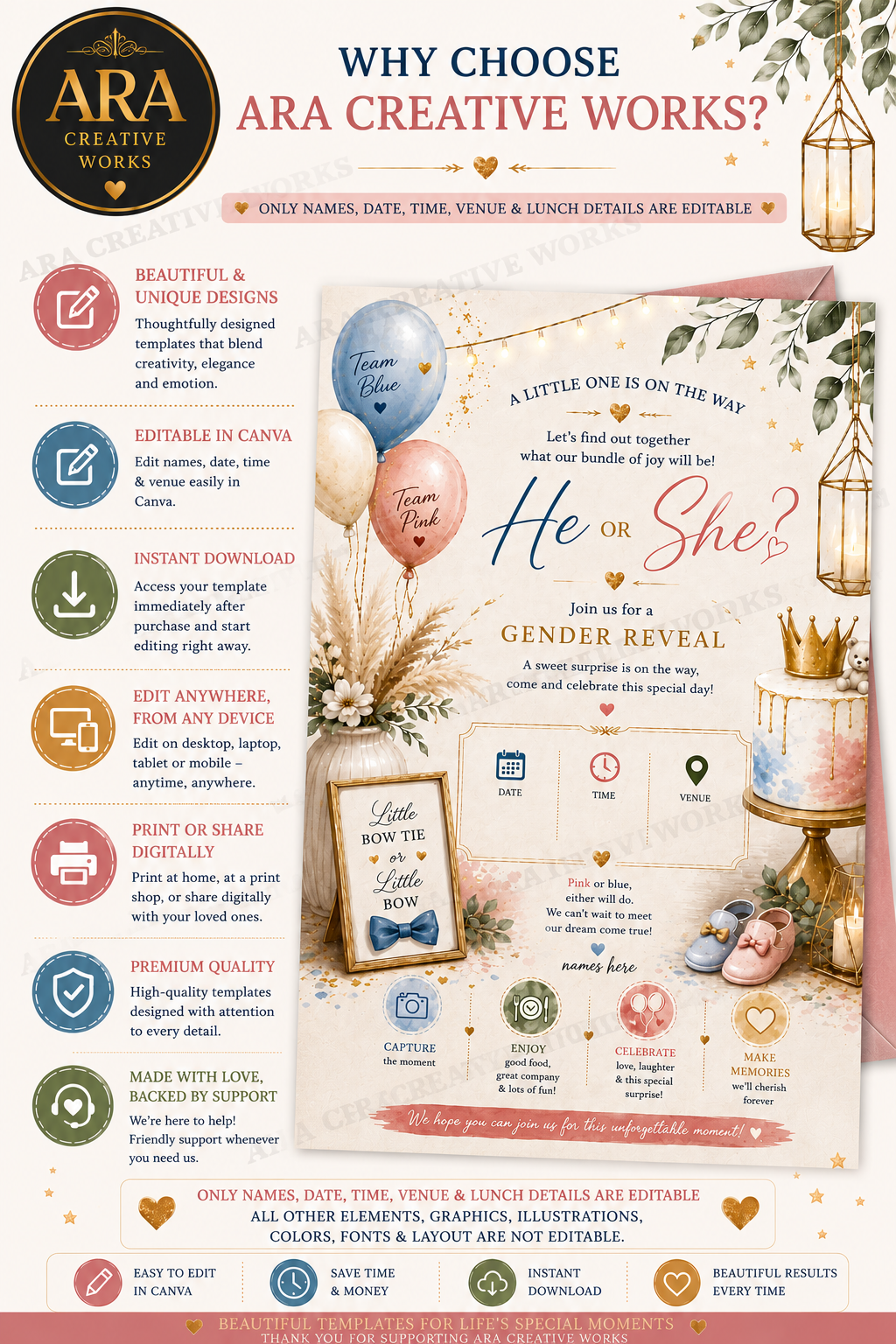 Pastel Boho Gender Reveal Invitation | Editable Canva Template | He or She Invite | Baby Shower Digital Download