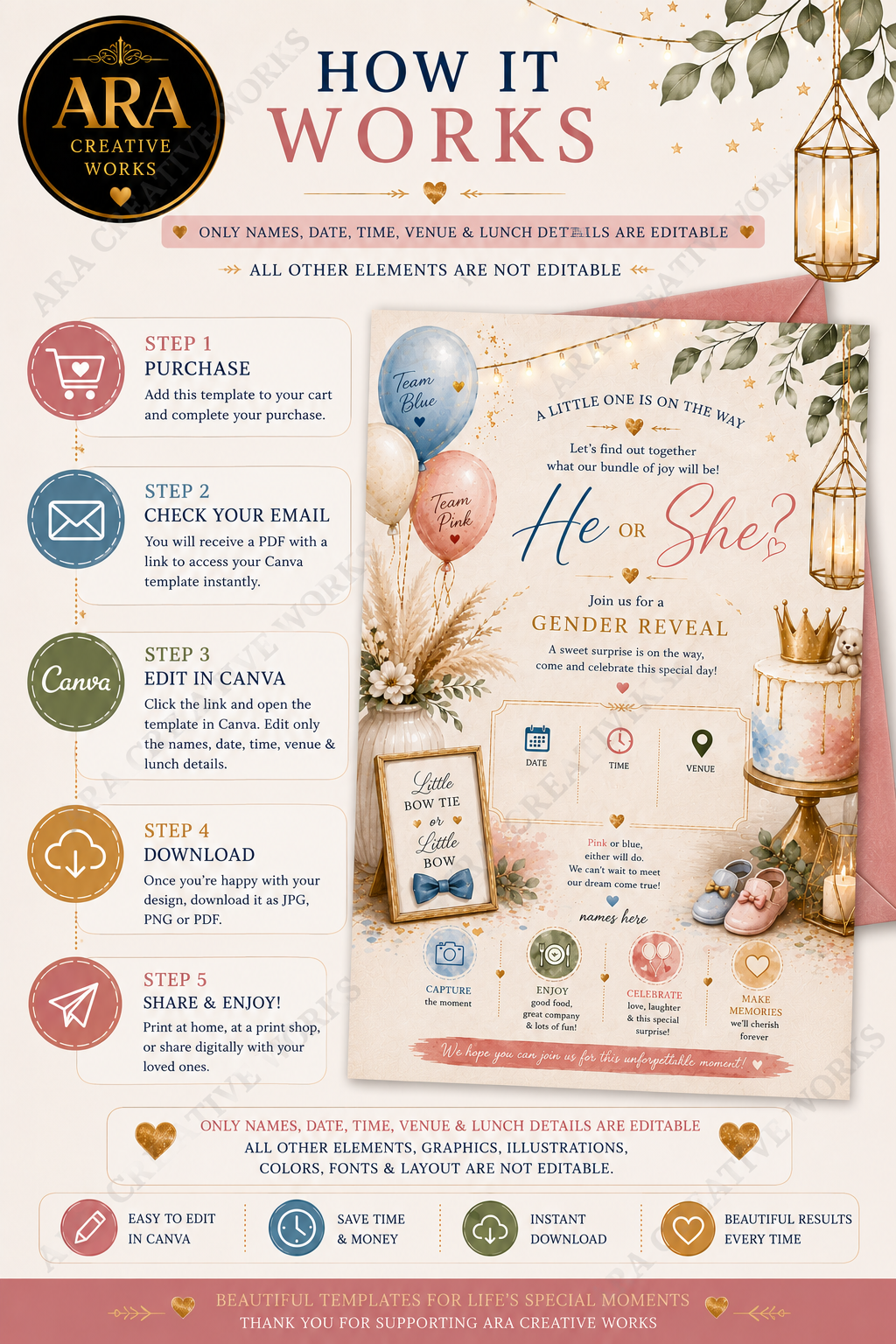 Pastel Boho Gender Reveal Invitation | Editable Canva Template | He or She Invite | Baby Shower Digital Download
