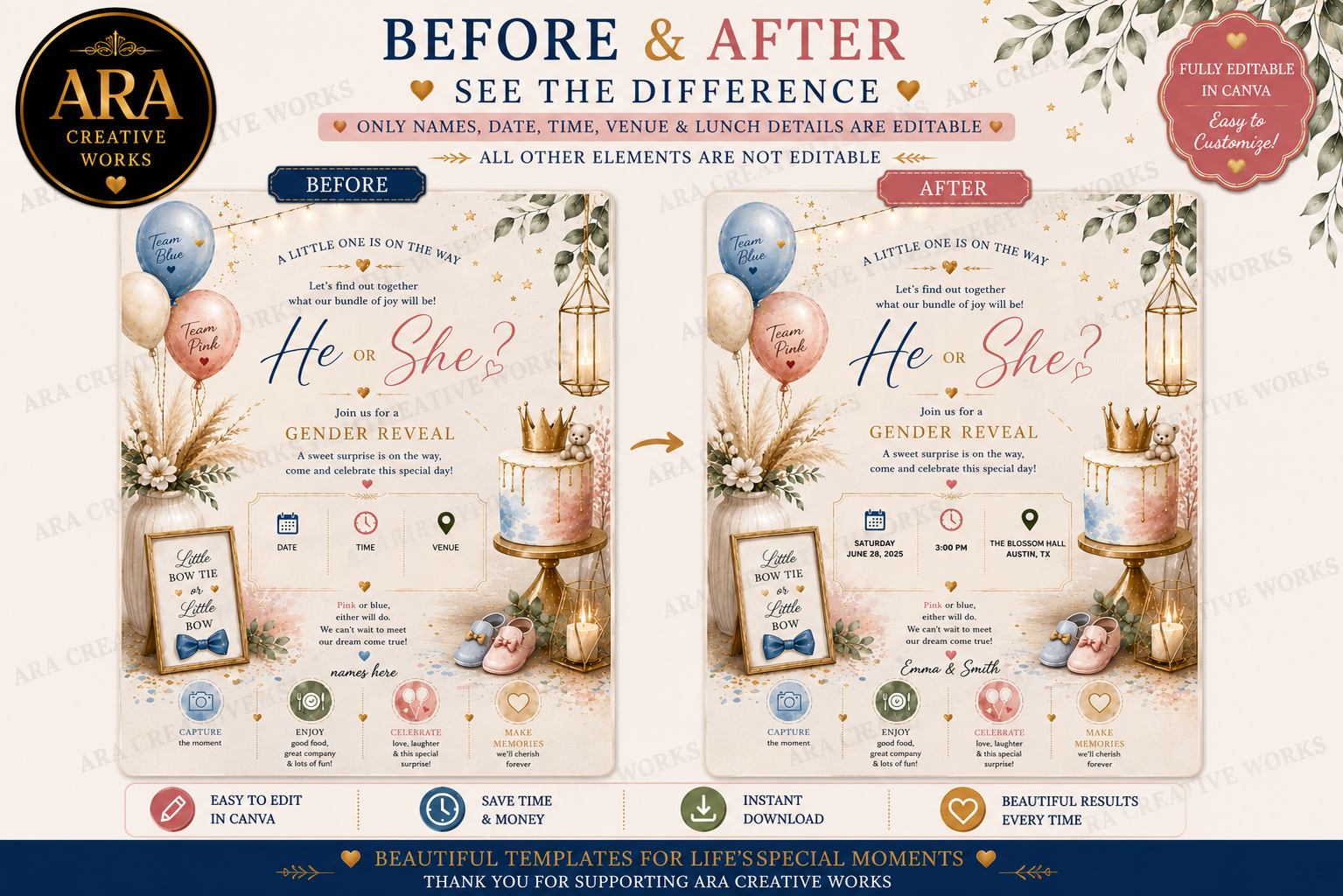 Pastel Boho Gender Reveal Invitation | Editable Canva Template | He or She Invite | Baby Shower Digital Download