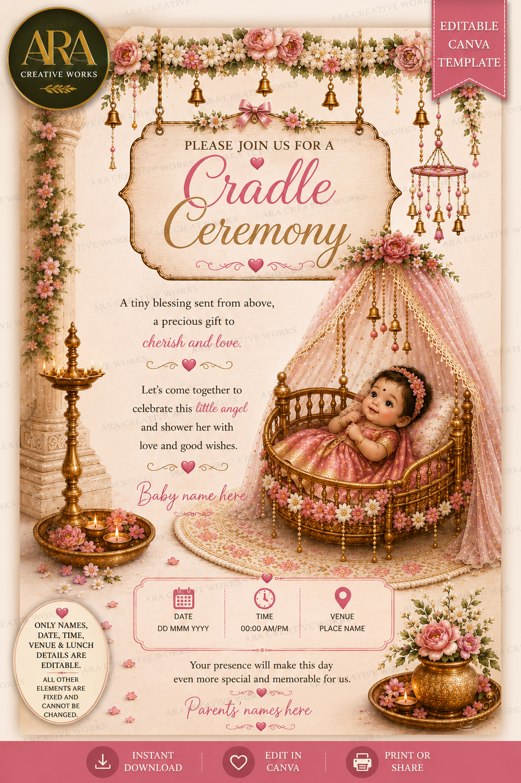 Pink Floral Baby Girl Cradle Ceremony Invitation | Editable Canva Template | Digital Download