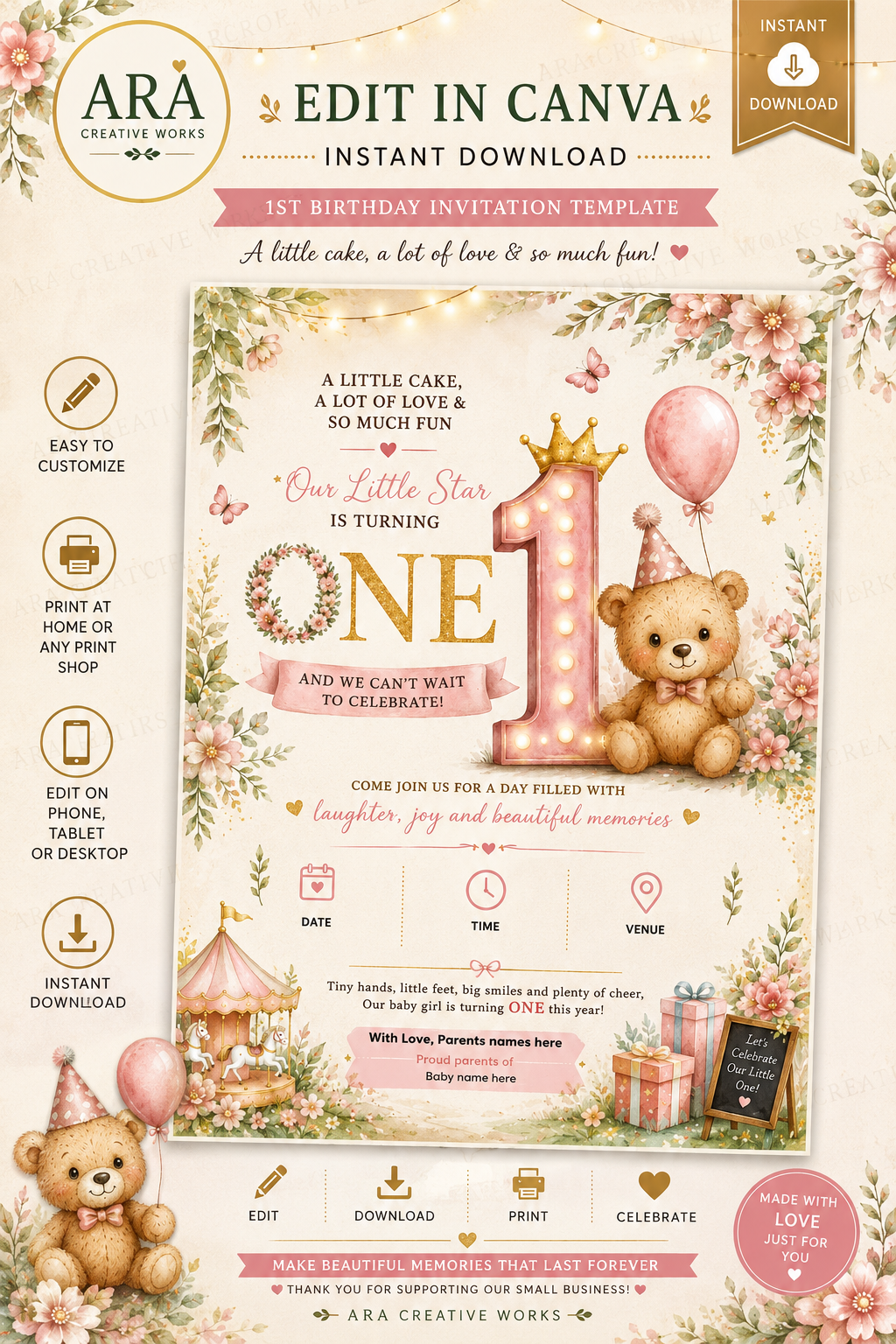 Pink Teddy Bear 1st Birthday Invitation Template | Editable Canva Girl Birthday Invite | Instant Digital Download
