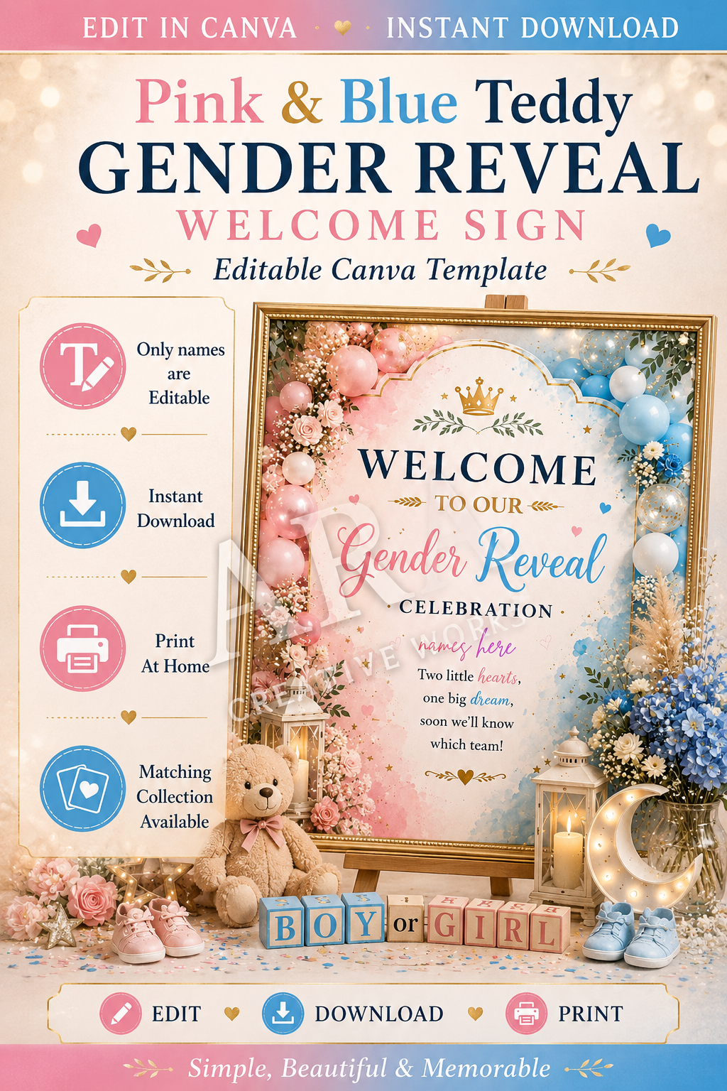 Pink & Blue Teddy Gender Reveal Welcome Sign | Editable Canva Template | Boy or Girl Gender Reveal Sign | Instant Digital Download
