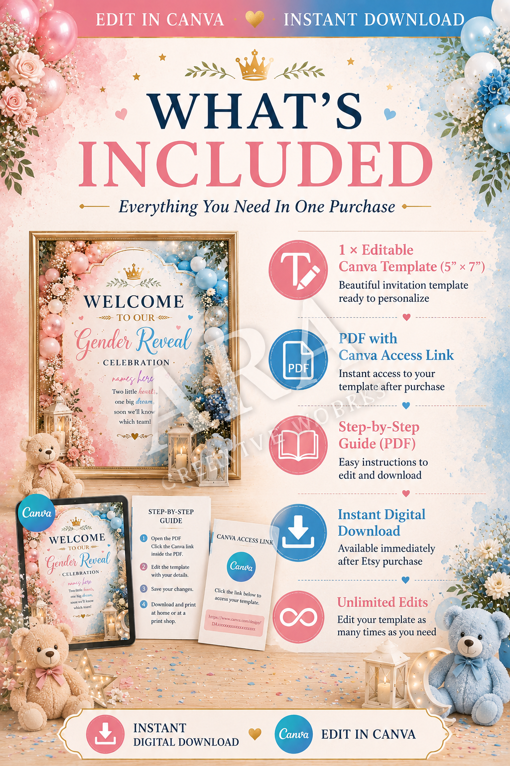 Pink & Blue Teddy Gender Reveal Welcome Sign | Editable Canva Template | Boy or Girl Gender Reveal Sign | Instant Digital Download