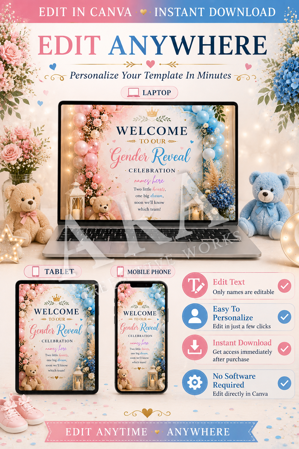Pink & Blue Teddy Gender Reveal Welcome Sign | Editable Canva Template | Boy or Girl Gender Reveal Sign | Instant Digital Download