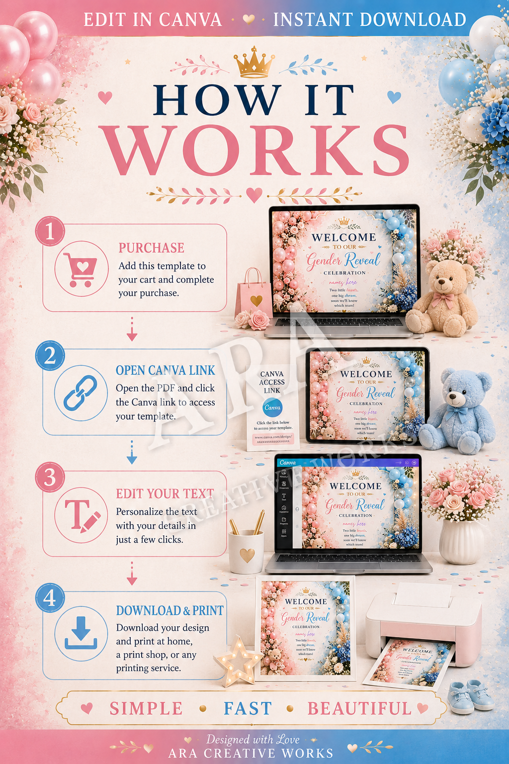 Pink & Blue Teddy Gender Reveal Welcome Sign | Editable Canva Template | Boy or Girl Gender Reveal Sign | Instant Digital Download