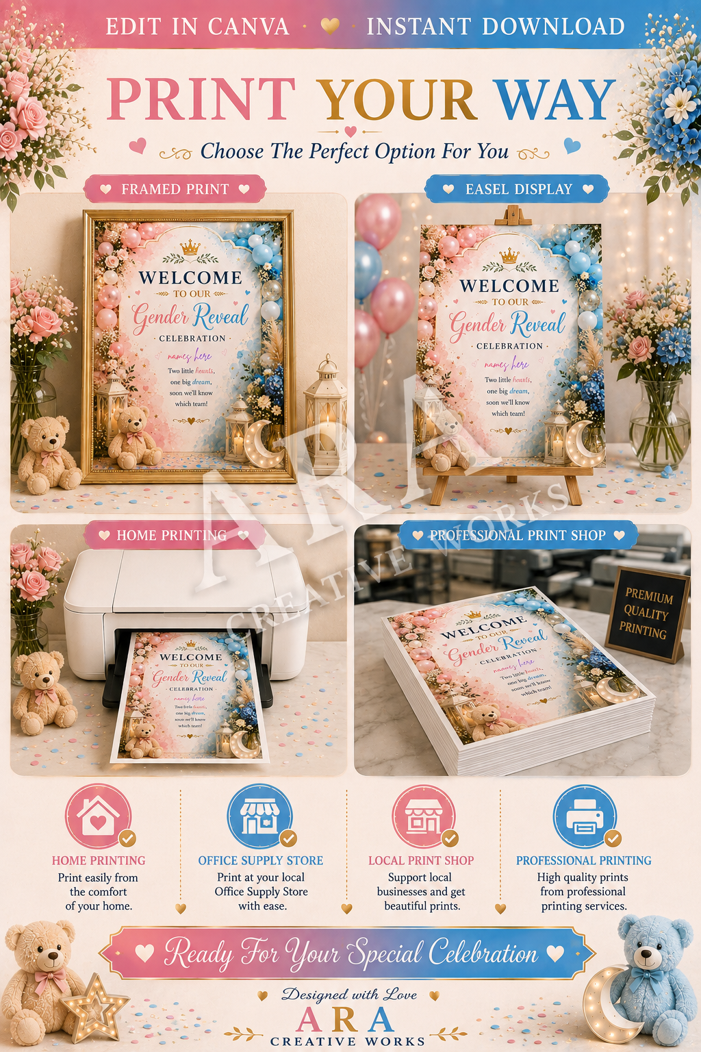 Pink & Blue Teddy Gender Reveal Welcome Sign | Editable Canva Template | Boy or Girl Gender Reveal Sign | Instant Digital Download