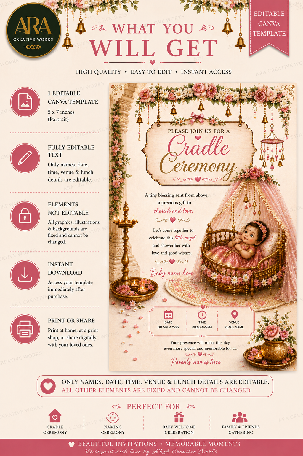 Pink Floral Baby Girl Cradle Ceremony Invitation | Editable Canva Template | Digital Download