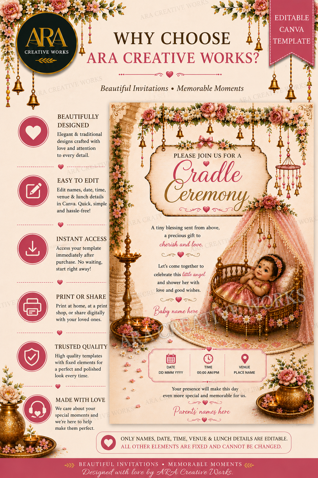 Pink Floral Baby Girl Cradle Ceremony Invitation | Editable Canva Template | Digital Download