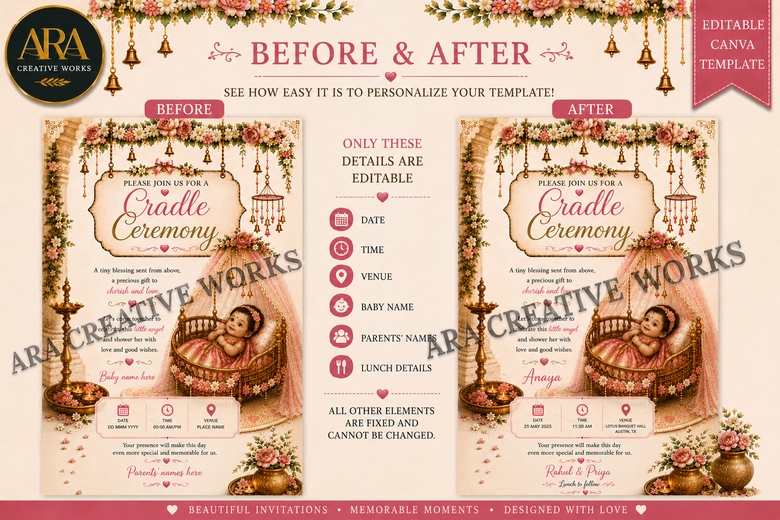 Pink Floral Baby Girl Cradle Ceremony Invitation | Editable Canva Template | Digital Download
