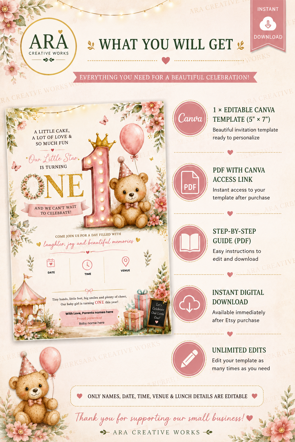 Pink Teddy Bear 1st Birthday Invitation Template | Editable Canva Girl Birthday Invite | Instant Digital Download
