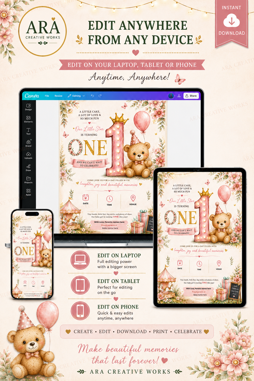 Pink Teddy Bear 1st Birthday Invitation Template | Editable Canva Girl Birthday Invite | Instant Digital Download