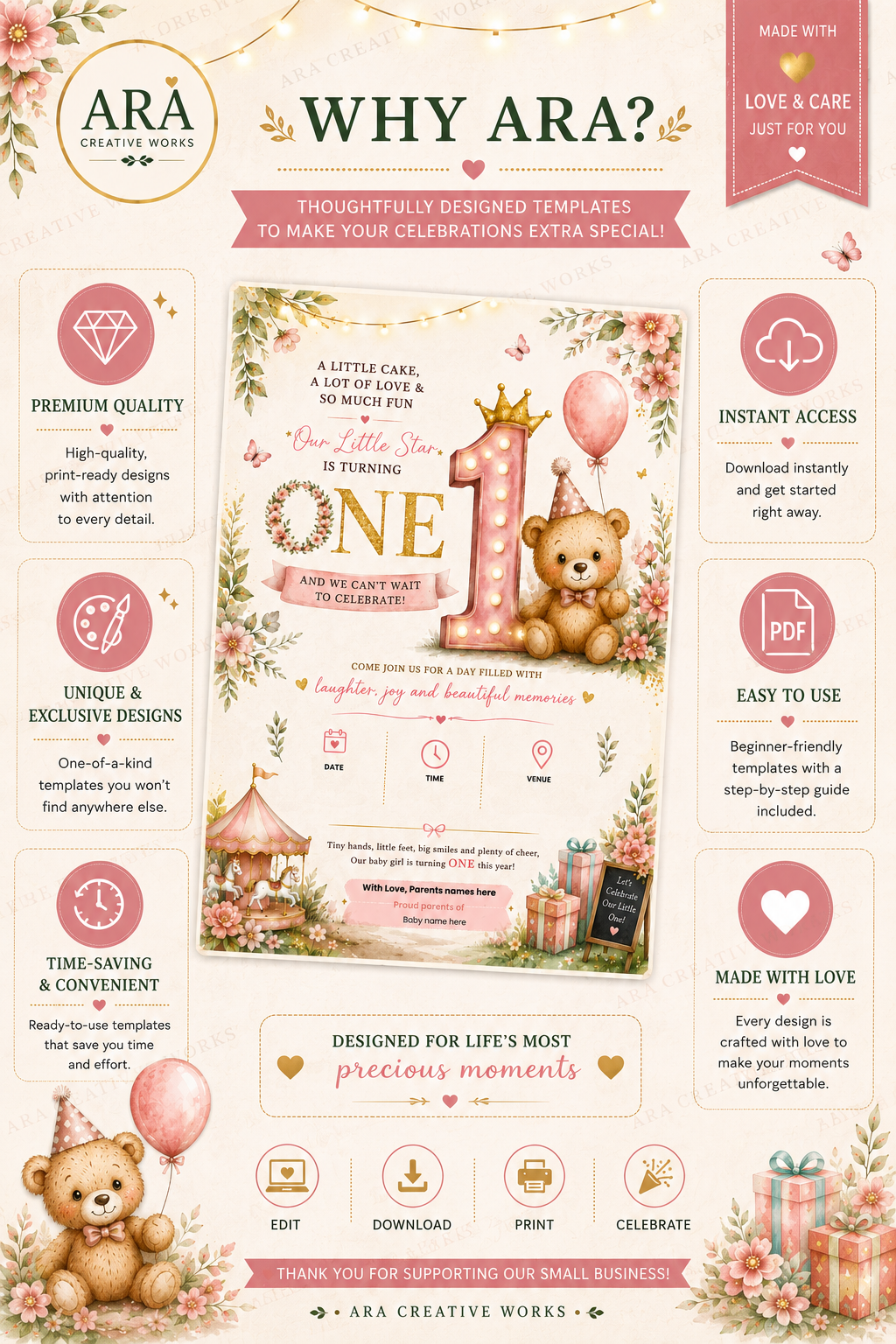 Pink Teddy Bear 1st Birthday Invitation Template | Editable Canva Girl Birthday Invite | Instant Digital Download