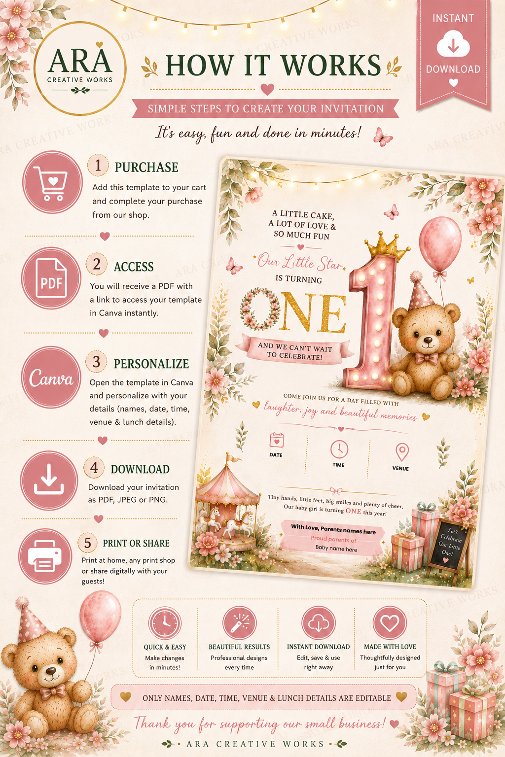 Pink Teddy Bear 1st Birthday Invitation Template | Editable Canva Girl Birthday Invite | Instant Digital Download