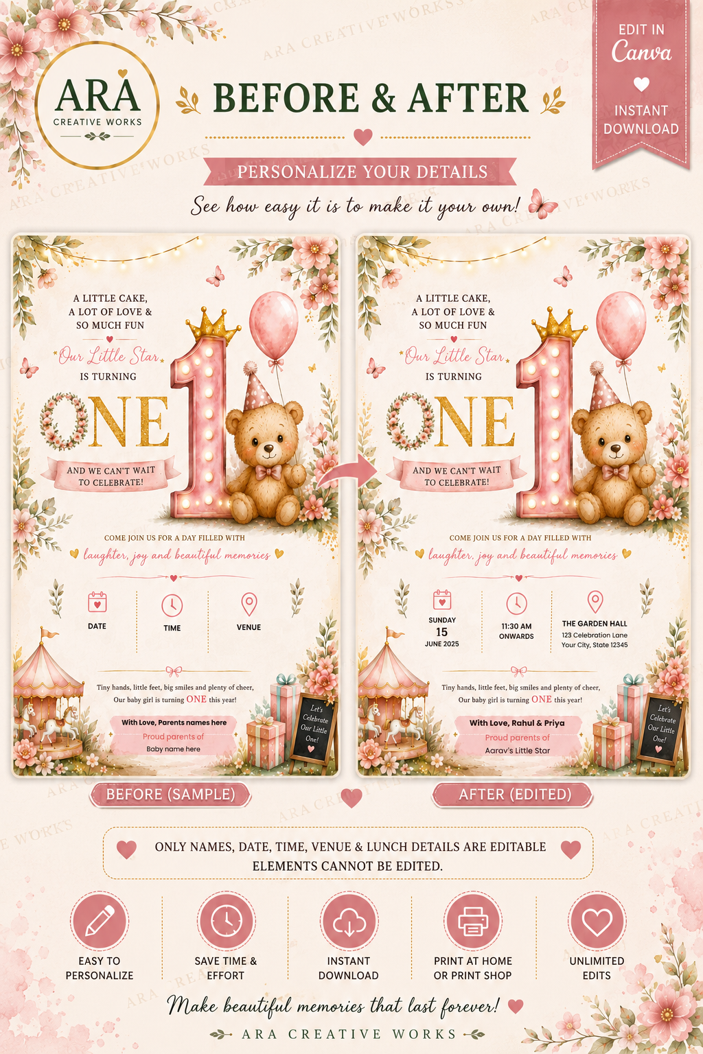 Pink Teddy Bear 1st Birthday Invitation Template | Editable Canva Girl Birthday Invite | Instant Digital Download
