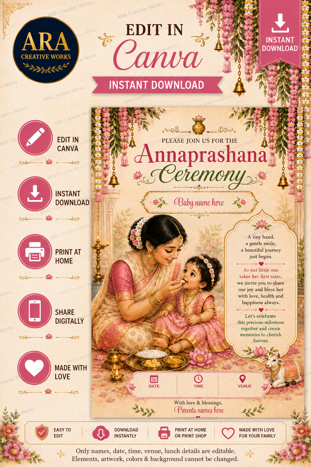 Precious Beginnings Annaprashana Invitation Template | Editable Canva Invitation | Baby First Rice Ceremony Digital Download
