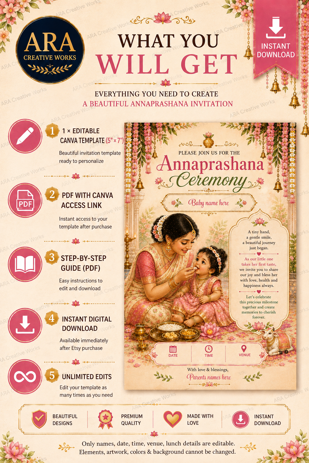 Precious Beginnings Annaprashana Invitation Template | Editable Canva Invitation | Baby First Rice Ceremony Digital Download