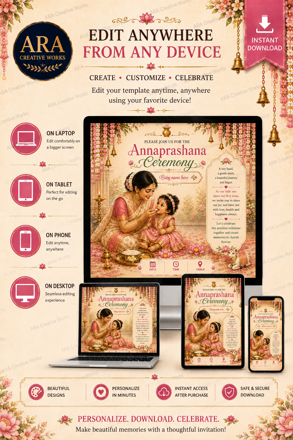 Precious Beginnings Annaprashana Invitation Template | Editable Canva Invitation | Baby First Rice Ceremony Digital Download