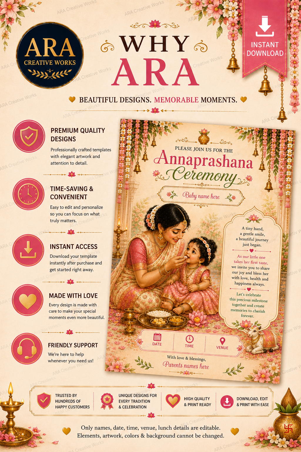 Precious Beginnings Annaprashana Invitation Template | Editable Canva Invitation | Baby First Rice Ceremony Digital Download