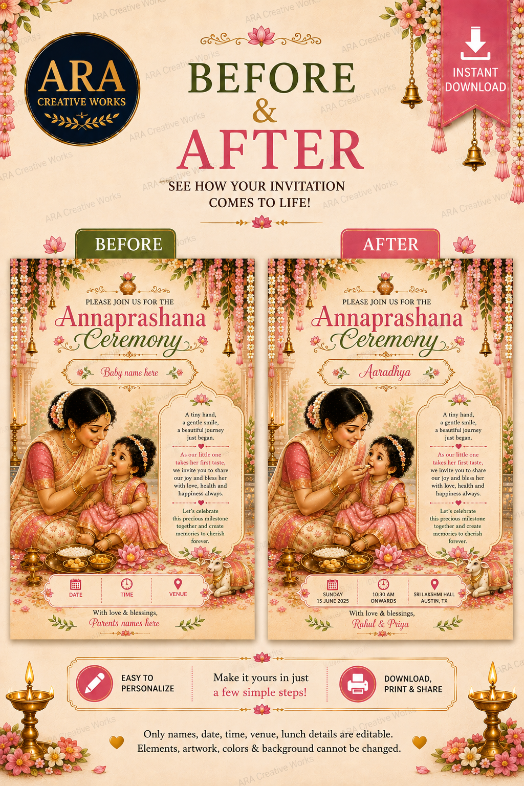 Precious Beginnings Annaprashana Invitation Template | Editable Canva Invitation | Baby First Rice Ceremony Digital Download