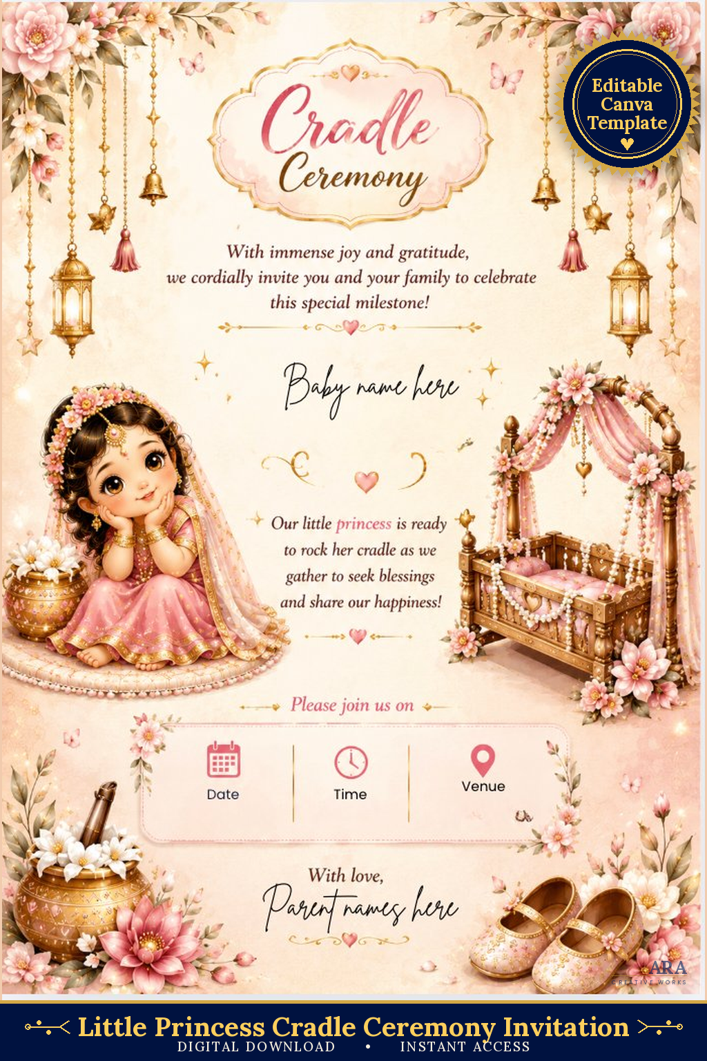 Little Princess Cradle Ceremony Invitation Template, Editable Canva Invite, Naming Ceremony Invitation, Baby Girl Cradle Card
