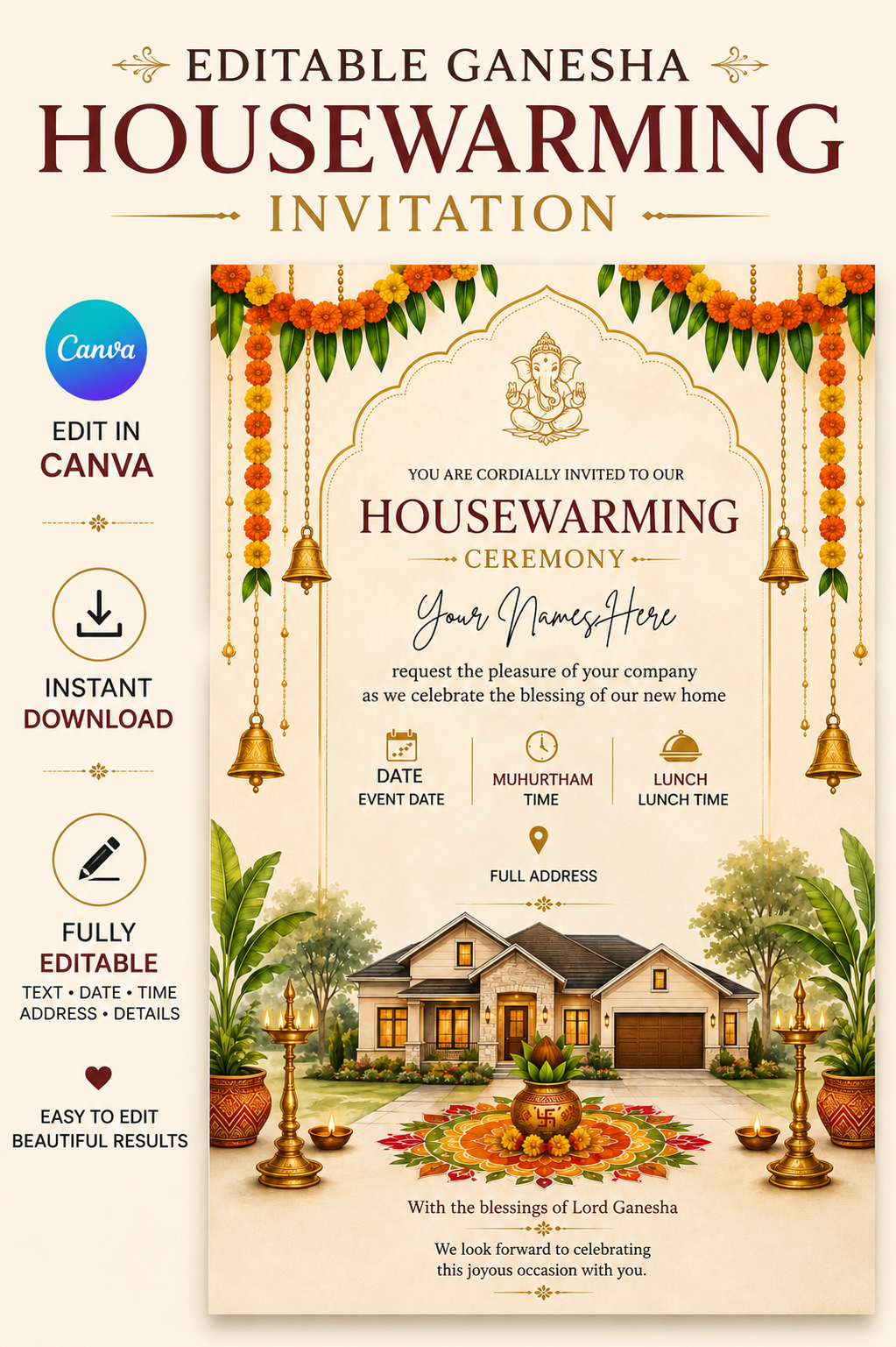 Editable Ganesha Housewarming Invitation | Gruha Pravesam Canva Template