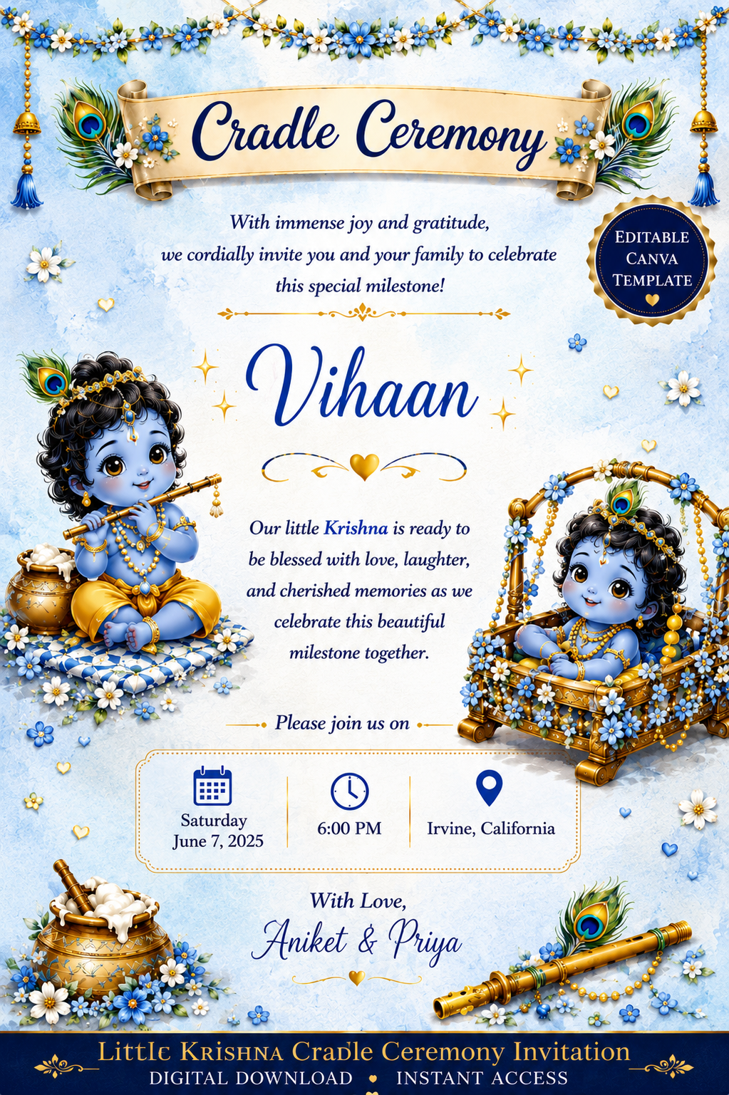Little Krishna Cradle Ceremony Invitation Template | Editable Canva Invitation | Namakaran Invitation | Baby Naming Ceremony | Digital Download