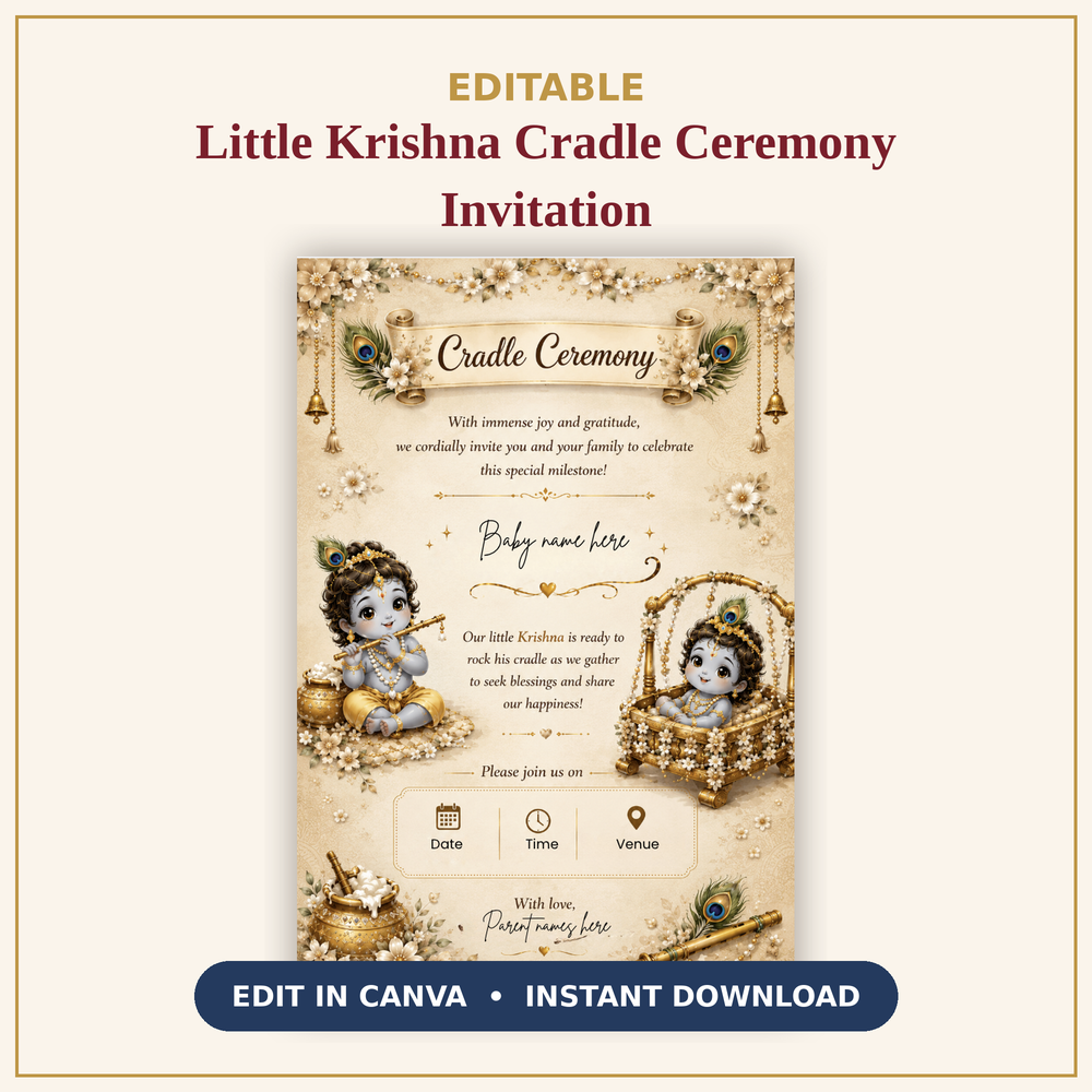 Beige Little Krishna Cradle Ceremony Invitation Template | Editable Canva Invite