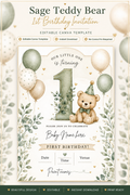 Sage Teddy Bear 1st Birthday Invitation Template | Editable Canva Invite | Instant Download