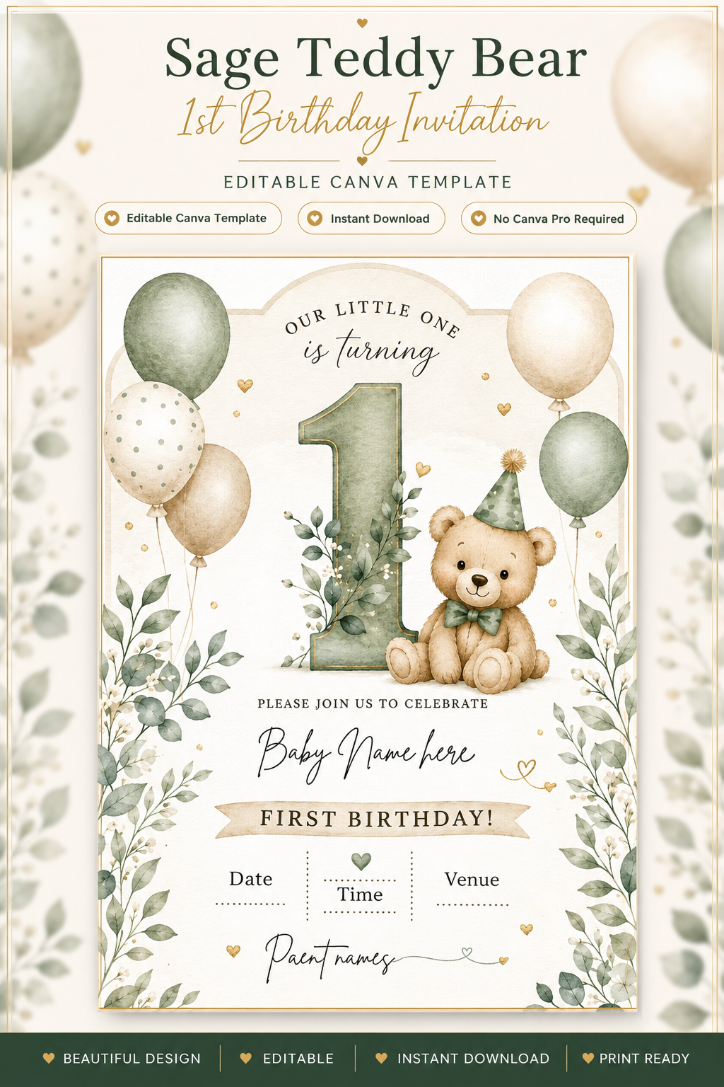 Sage Teddy Bear 1st Birthday Invitation Template | Editable Canva Invite | Instant Download