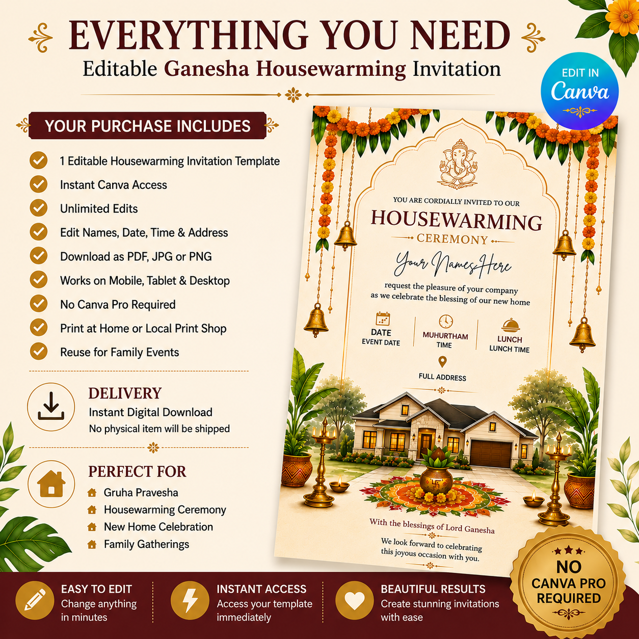 Editable Ganesha Housewarming Invitation | Gruha Pravesam Canva Template