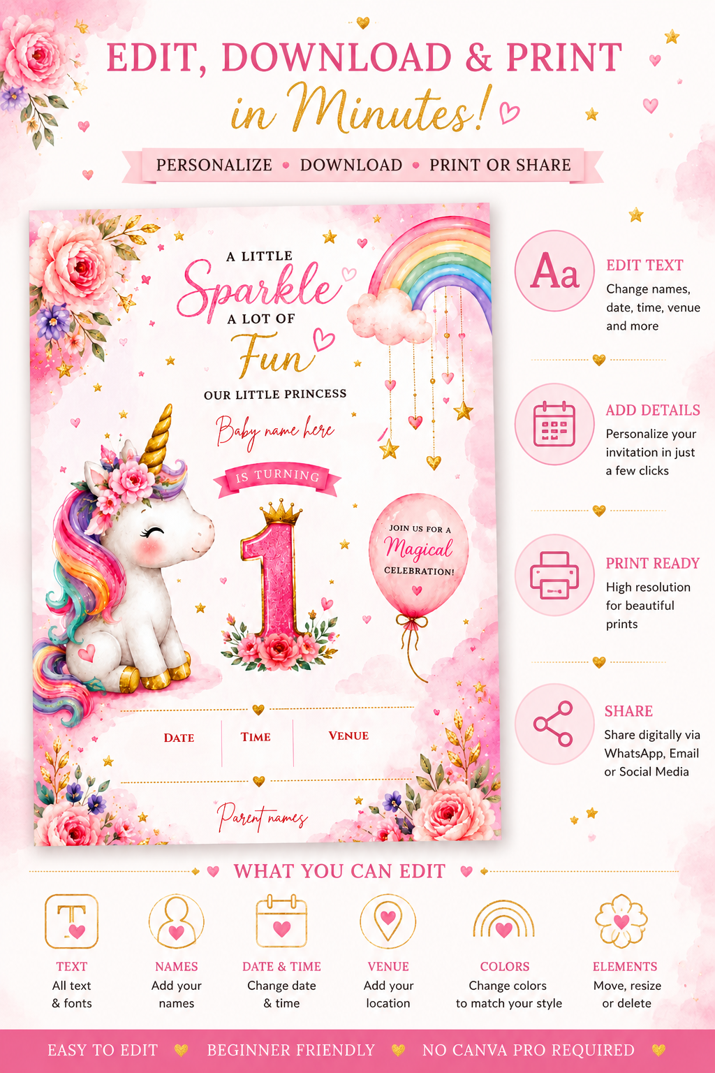 Unicorn 1st Birthday Invitation Template | Editable Canva Birthday Invite | Pink Rainbow First Birthday Party Invitation