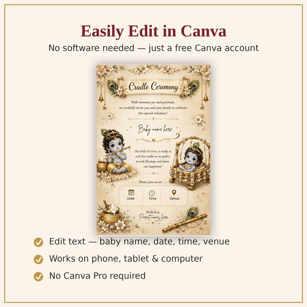 Beige Little Krishna Cradle Ceremony Invitation Template | Editable Canva Invite