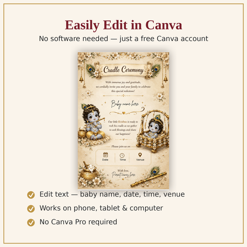 Beige Little Krishna Cradle Ceremony Invitation Template | Editable Canva Invite