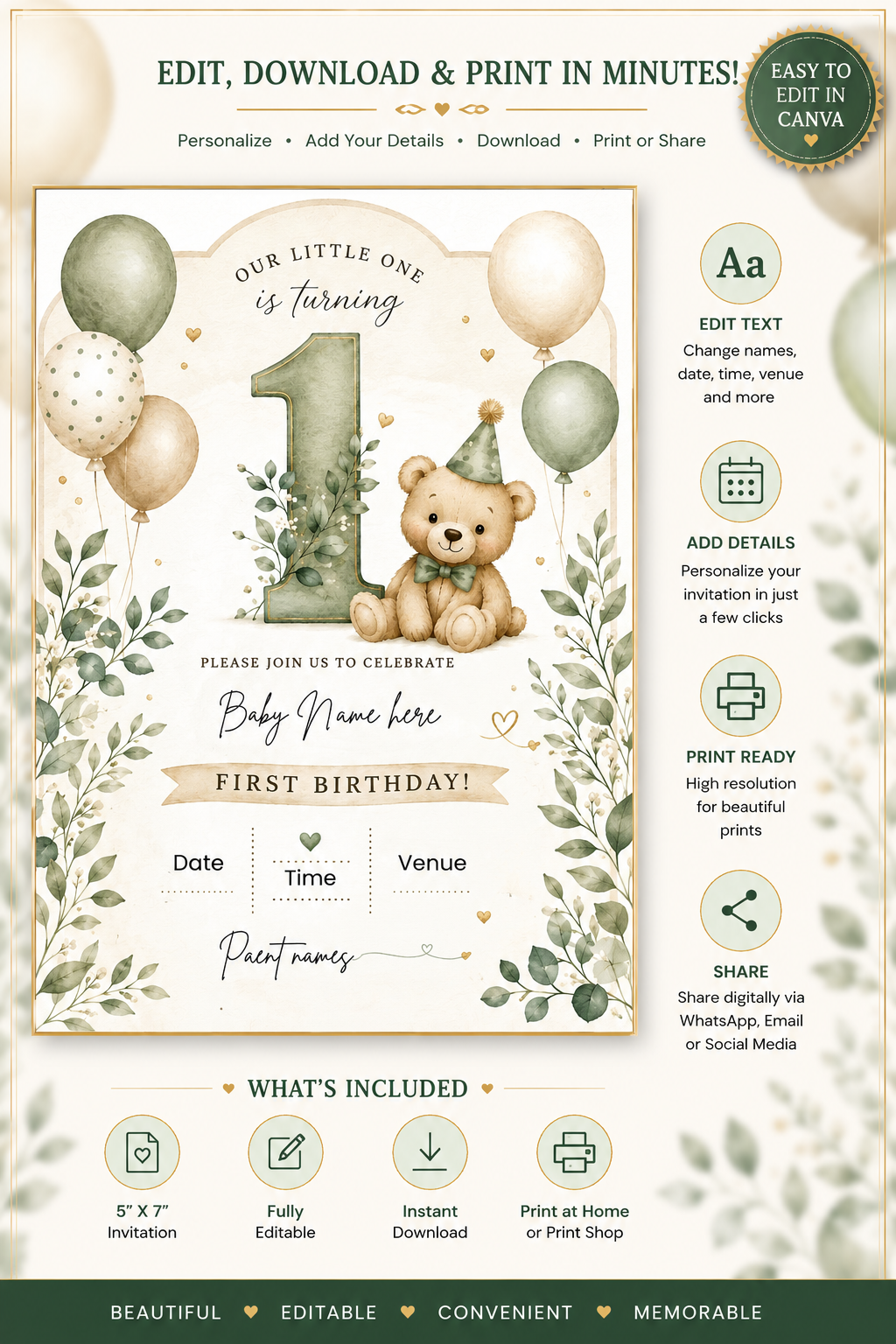 Sage Teddy Bear 1st Birthday Invitation Template | Editable Canva Invite | Instant Download