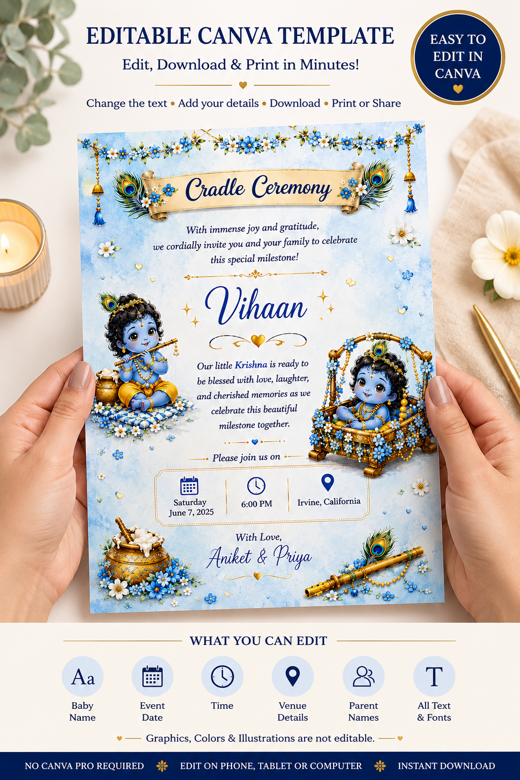 Little Krishna Cradle Ceremony Invitation Template | Editable Canva Invitation | Namakaran Invitation | Baby Naming Ceremony | Digital Download