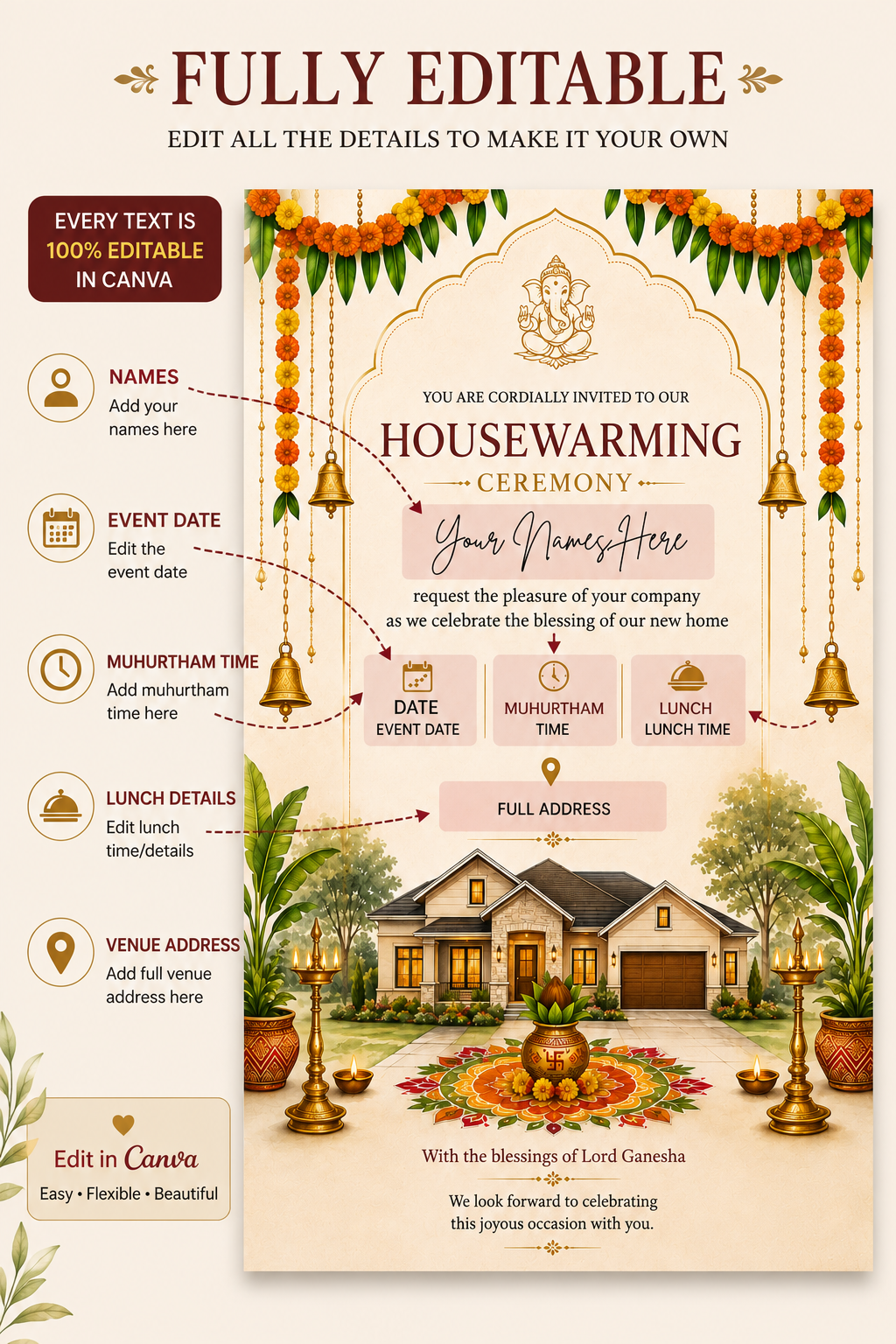 Editable Ganesha Housewarming Invitation | Gruha Pravesam Canva Template