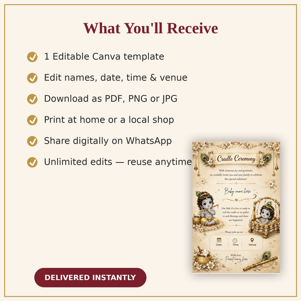 Beige Little Krishna Cradle Ceremony Invitation Template | Editable Canva Invite