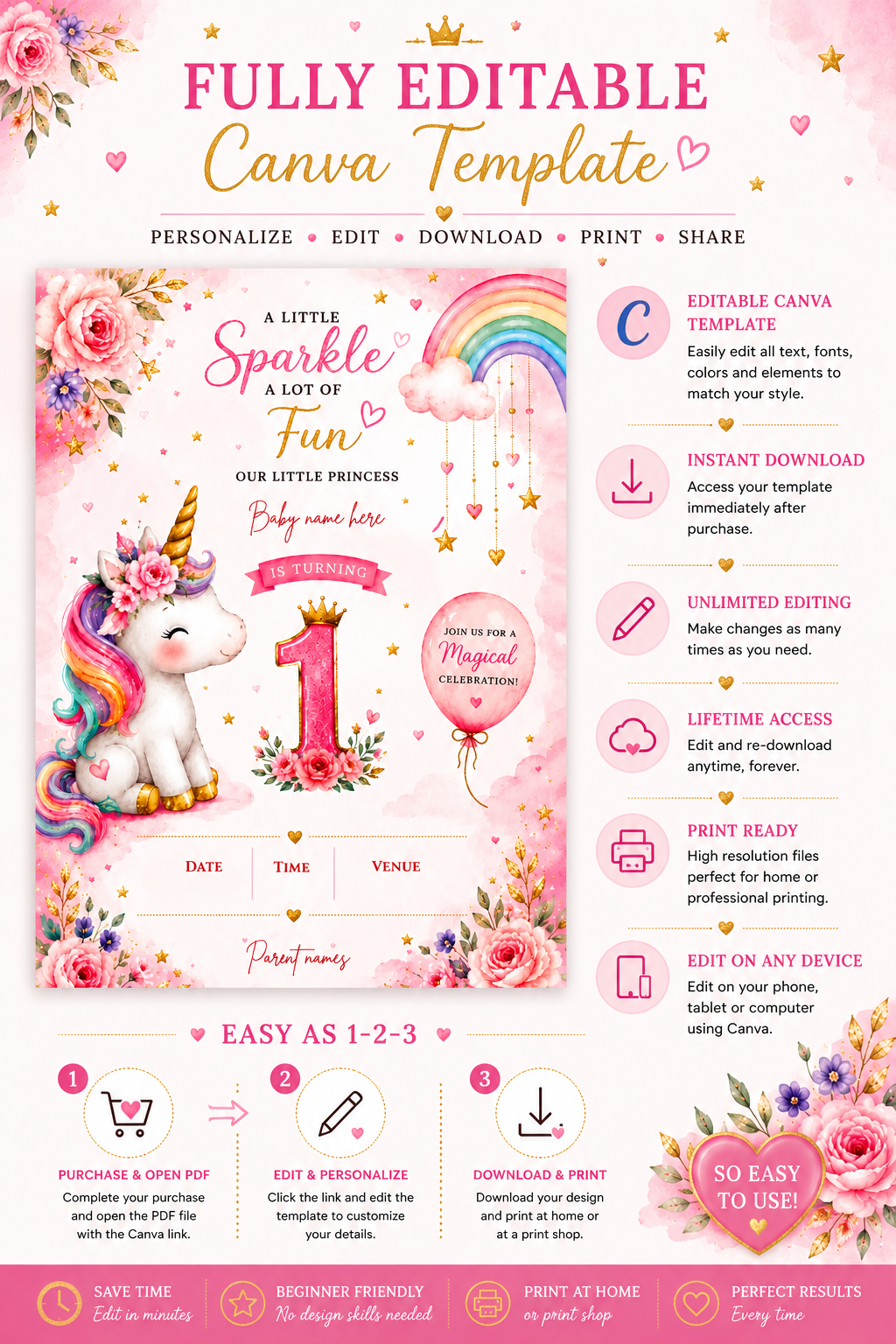 Unicorn 1st Birthday Invitation Template | Editable Canva Birthday Invite | Pink Rainbow First Birthday Party Invitation