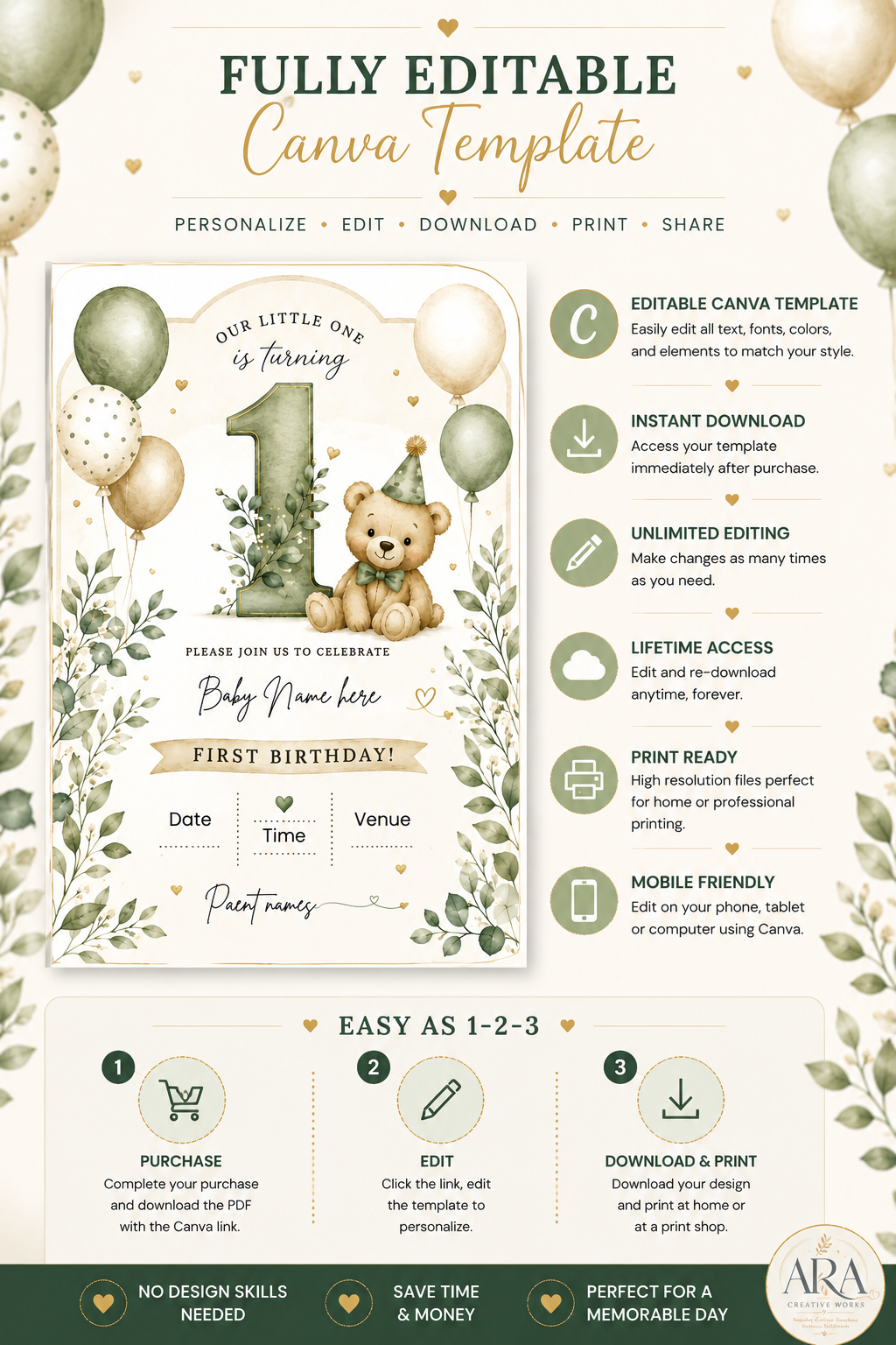 Sage Teddy Bear 1st Birthday Invitation Template | Editable Canva Invite | Instant Download