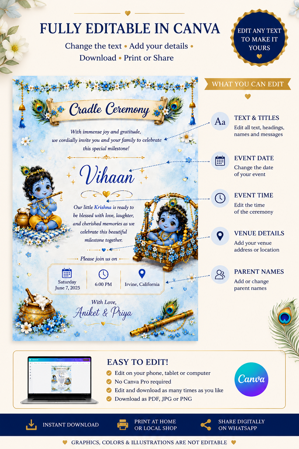 Little Krishna Cradle Ceremony Invitation Template | Editable Canva Invitation | Namakaran Invitation | Baby Naming Ceremony | Digital Download