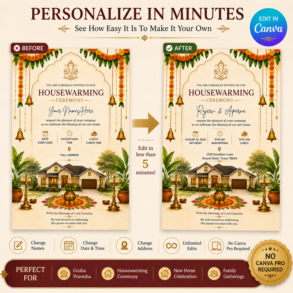 Editable Ganesha Housewarming Invitation | Gruha Pravesam Canva Template