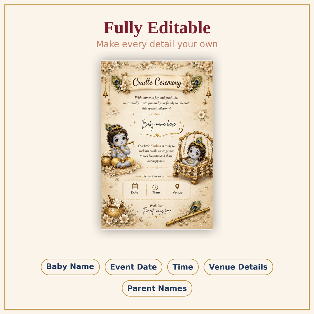 Beige Little Krishna Cradle Ceremony Invitation Template | Editable Canva Invite